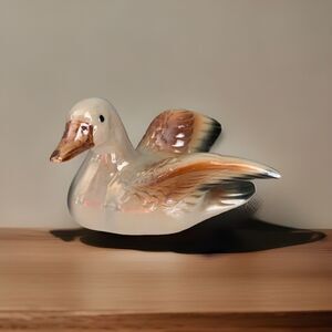 Duck Figure Ceramic Glazed White and Brown